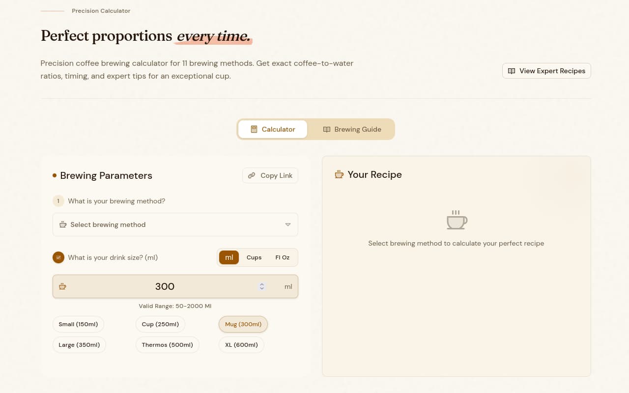The Perfect Brew Calculator with method selector, dose and water fields, and a brew timer.