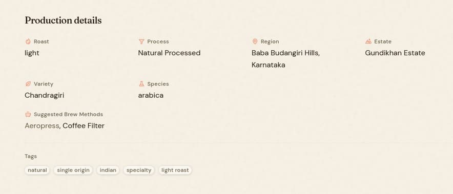 A coffee's production details on ICB — roast, process, region, species, suggested brew methods, and tags, each as a structured field.
